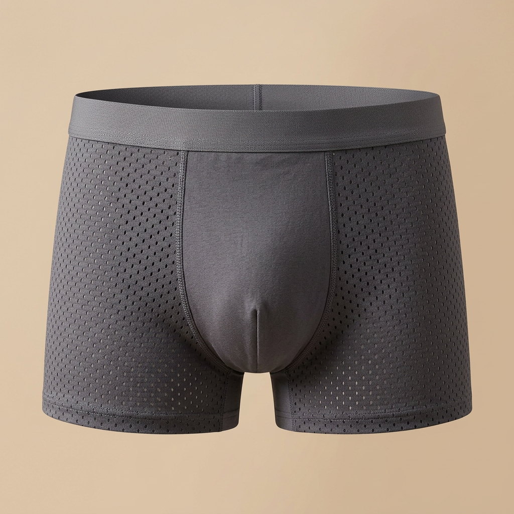 Front view of grey boxer shorts with perforated mesh side panels and a smooth centre pouch 5