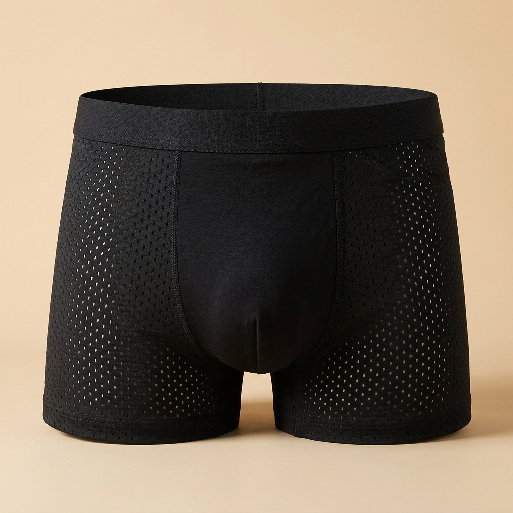 Front view of black boxer shorts with perforated mesh side panels and a plain centre pouch 8