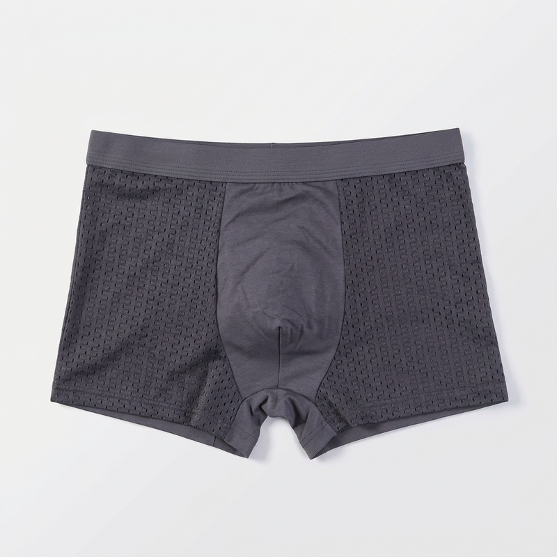Single pair of dark grey boxers laid flat, showing the plain centre panel and mesh sides 6