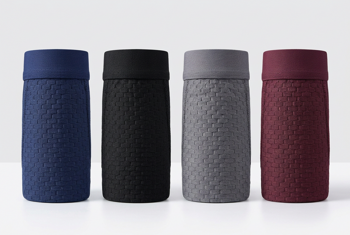 Four rolled-up boxer shorts standing in a row in navy, black, grey and burgundy 3
