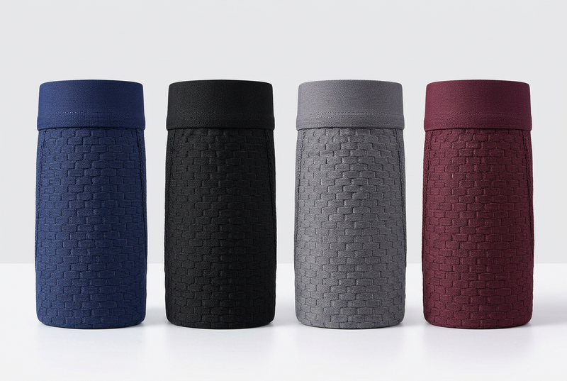 Four rolled-up boxer shorts standing in a row in navy, black, grey and burgundy 3