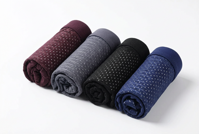 Four boxers rolled up side by side in burgundy, grey, black and navy, showing the dotted mesh 2