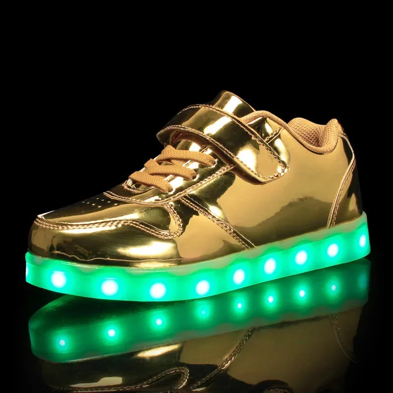 Children's LED sneakers with a colour-changing light effect when walking.