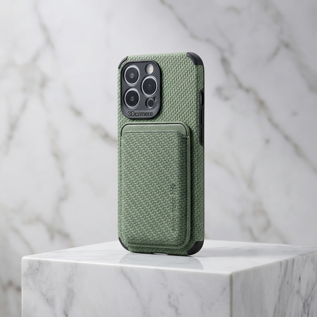 Green woven-texture case with card holder on a marble block, seen from a slight angle 4
