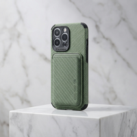 Green woven-texture case with card holder on a marble block, seen from a slight angle 4