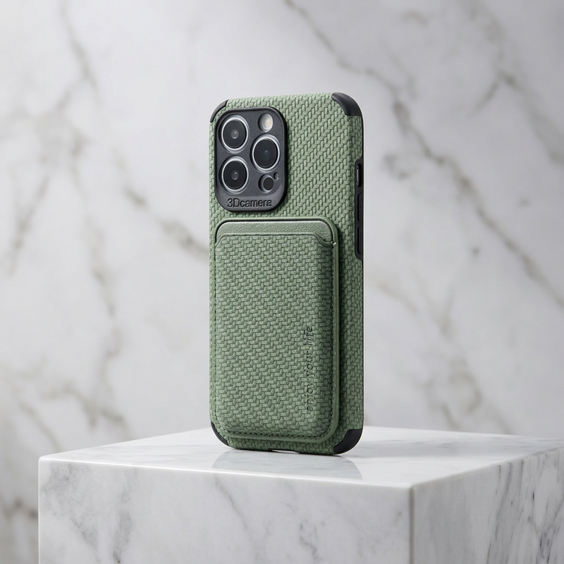 Green woven-texture case with card holder on a marble block, seen from a slight angle 4