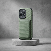 Green woven-textured phone case with card holder, displayed on a round concrete plinth 3