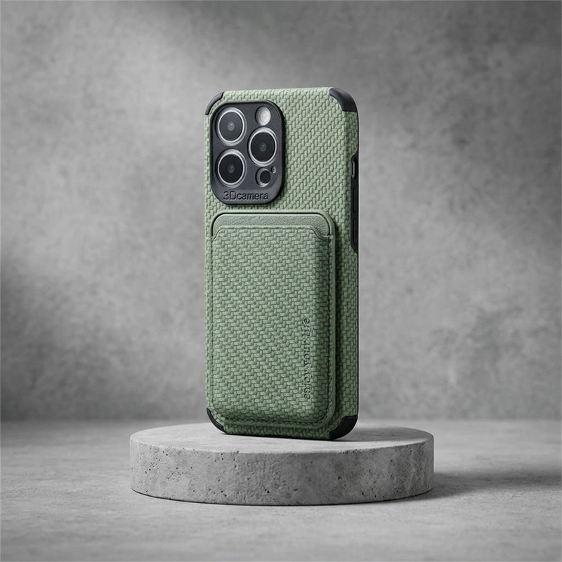 Green woven-textured phone case with card holder, displayed on a round concrete plinth 3