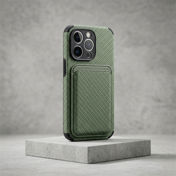 Green woven-texture case with card pocket and reinforced black corners, resting on a square concrete plinth 6