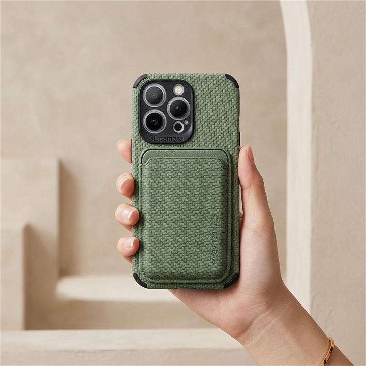 Hand holding a green woven-texture phone case with attached card holder against a cream background 1