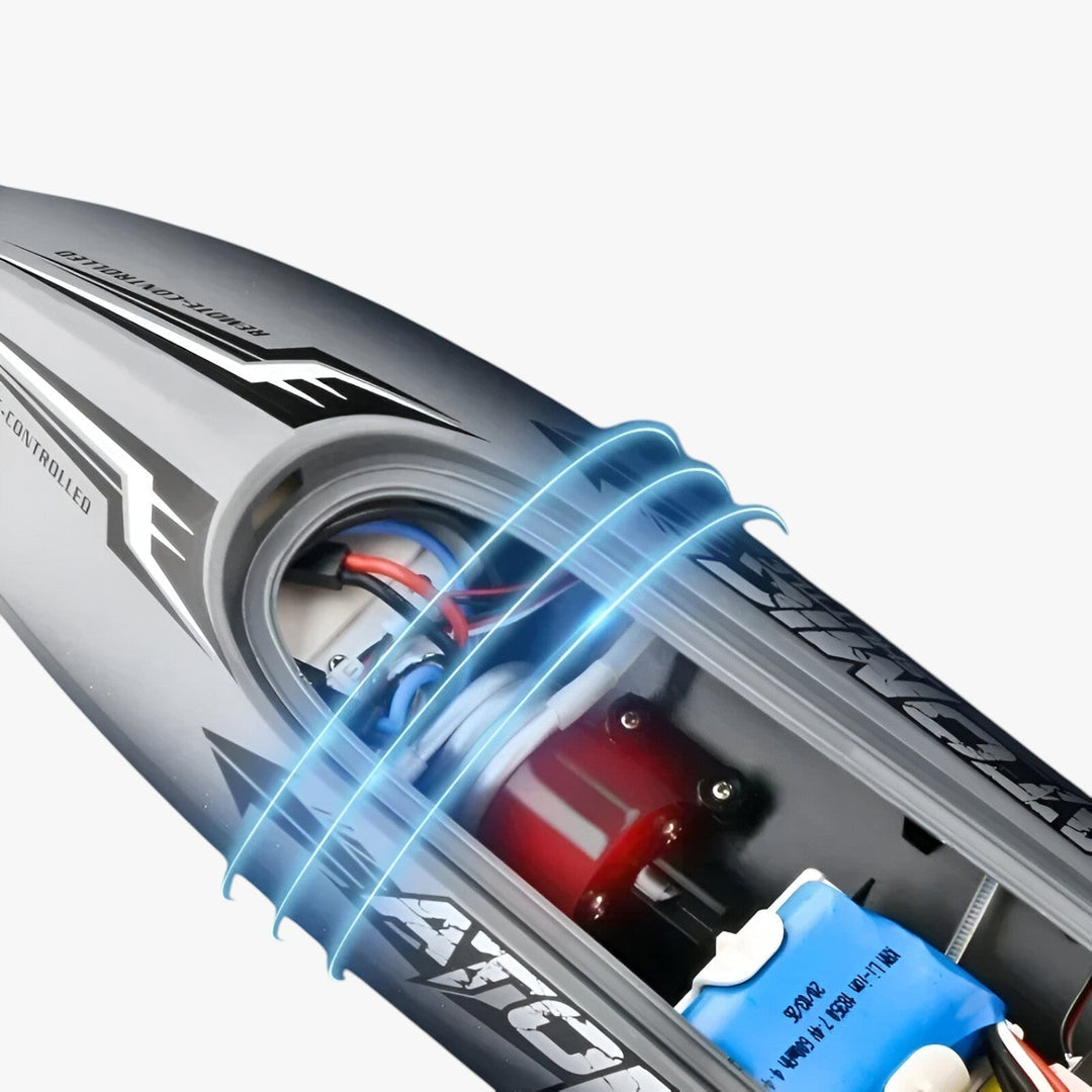 High-performance racing boat AquaX – remote-controlled speedboat with water cooling & automatic reset