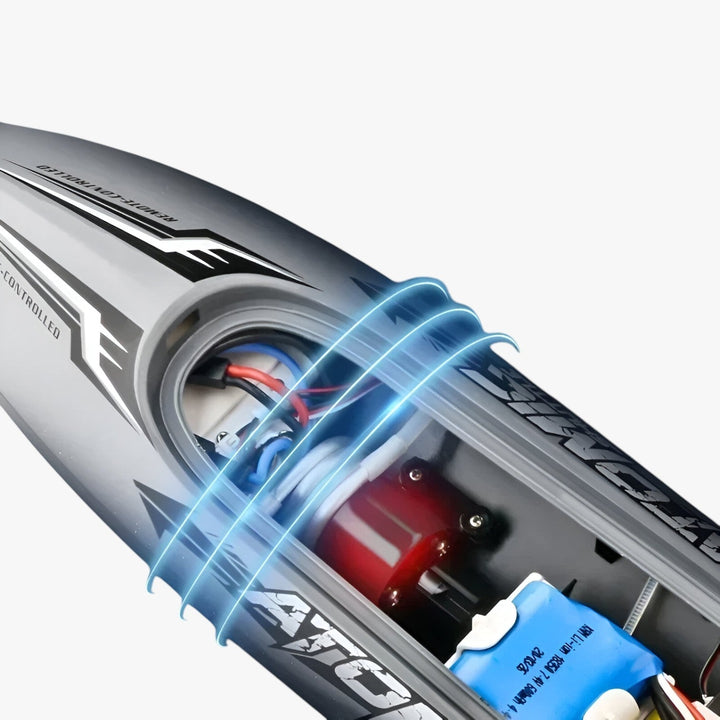 High-performance racing boat AquaX – remote-controlled speedboat with water cooling & automatic reset