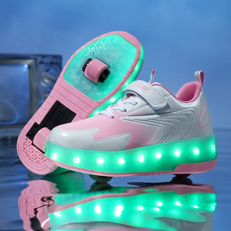 Children's roller skates with LED lights and removable wheels.