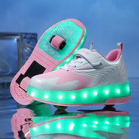 Children's roller skates with LED lights and removable wheels.