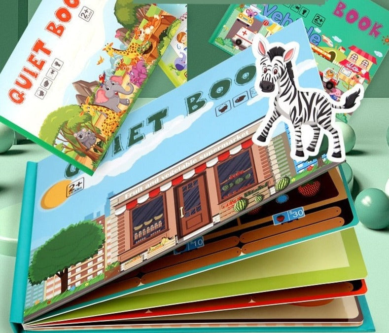 Interactive learning book for toddlers with Velcro activities and a storage pouch.