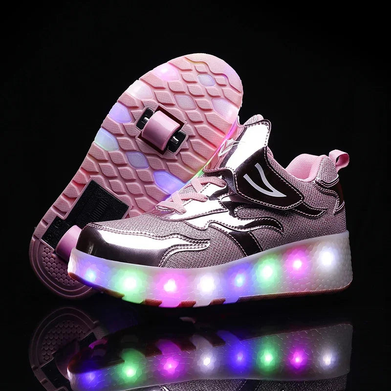 Children's roller skates with LED lights and removable wheels.