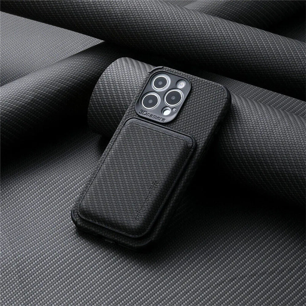 Back of the black case with the magnetic card wallet attached, resting on a rolled dark carbon-look fabric 3