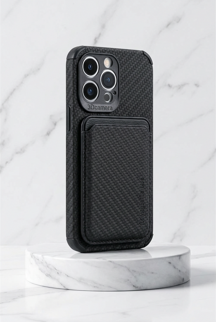 Black carbon-effect case with card holder standing on a round marble plinth 7