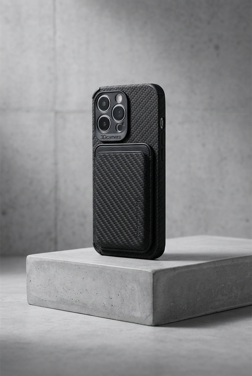 Black carbon-effect phone case with card holder, standing on a concrete block against a concrete wall 4