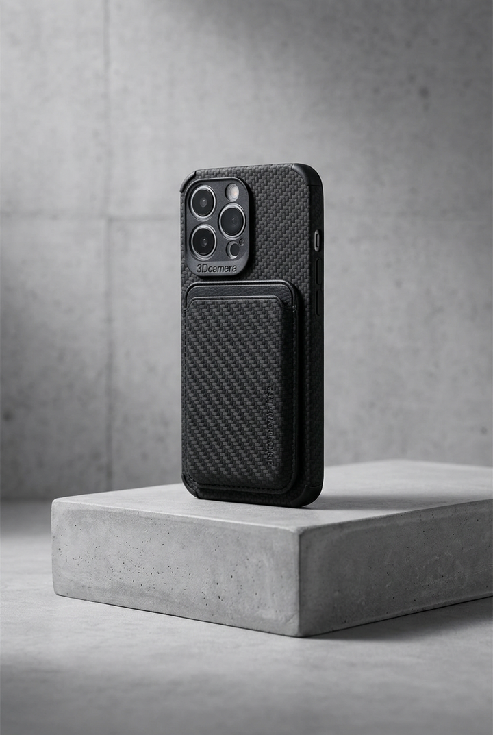 Black carbon-effect phone case with card holder, standing on a concrete block against a concrete wall 4