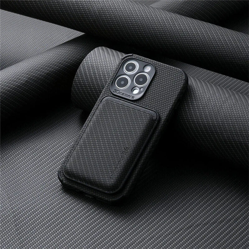 Black case with card wallet attached, resting against rolled carbon-fibre fabric 4