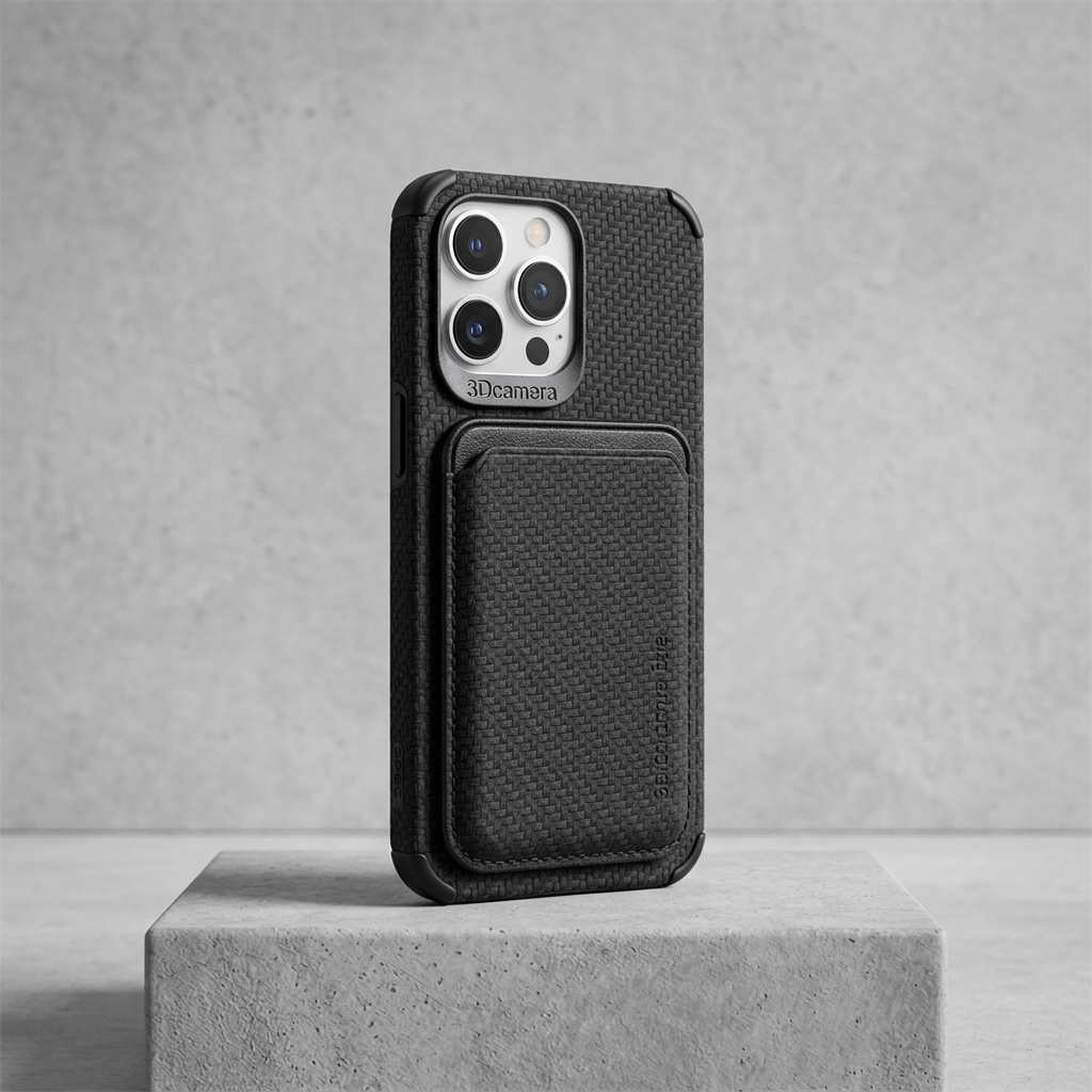 Black woven-texture case with card pocket, silver phone camera visible, standing on a rough concrete block 7