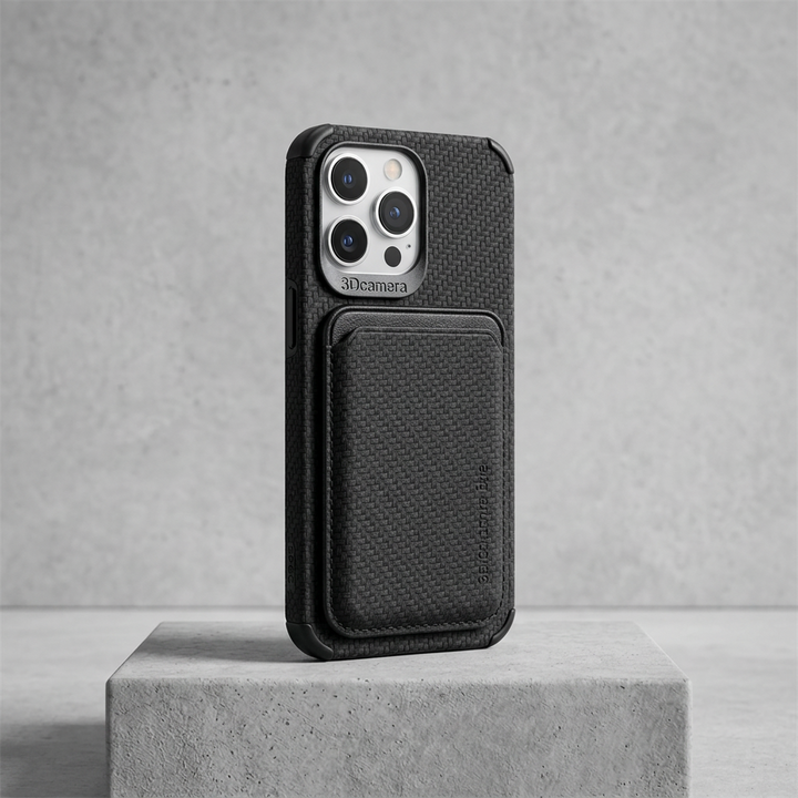 Black woven-texture case with card pocket, silver phone camera visible, standing on a rough concrete block 7