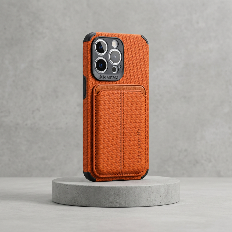 Orange case with stitched centre seam on the card pocket, standing on a round concrete plinth 5