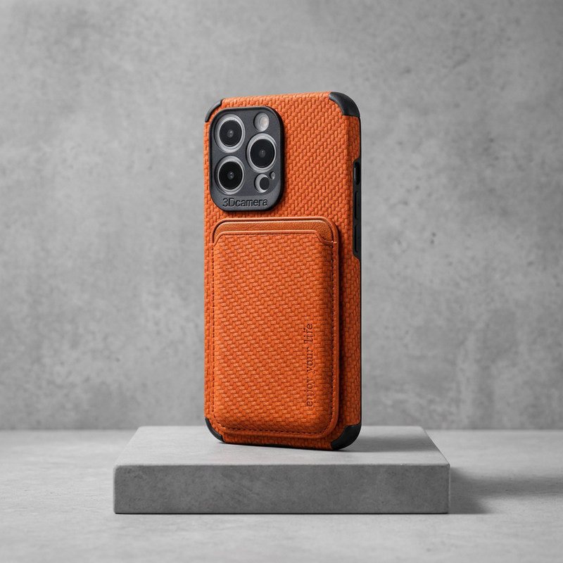 Orange woven-textured phone case with card holder, upright on a grey stone block 6