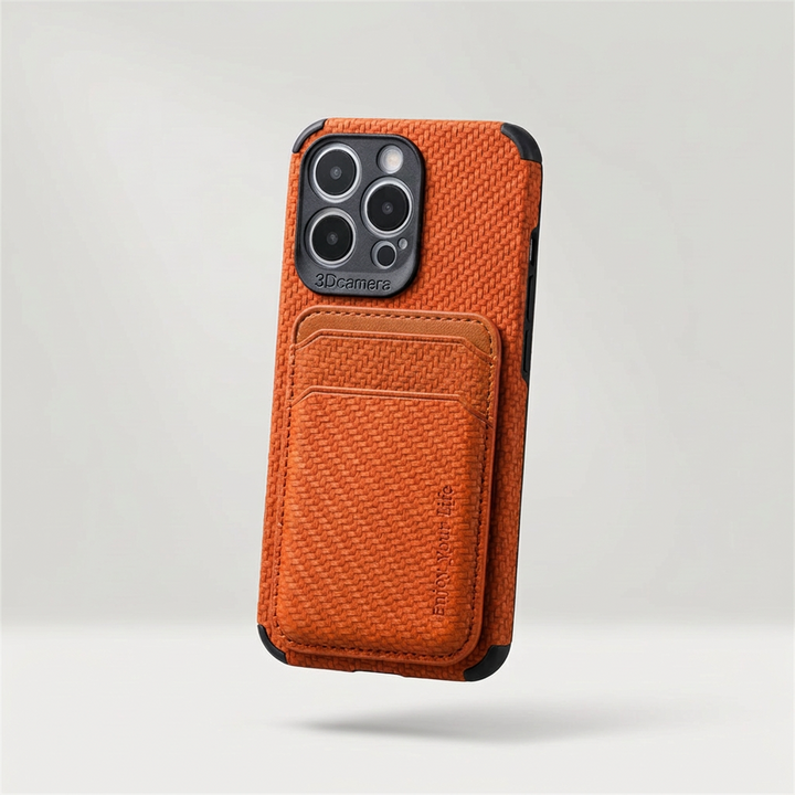 Orange woven-texture phone case with a card pocket on the back, floating against a plain pale background 1