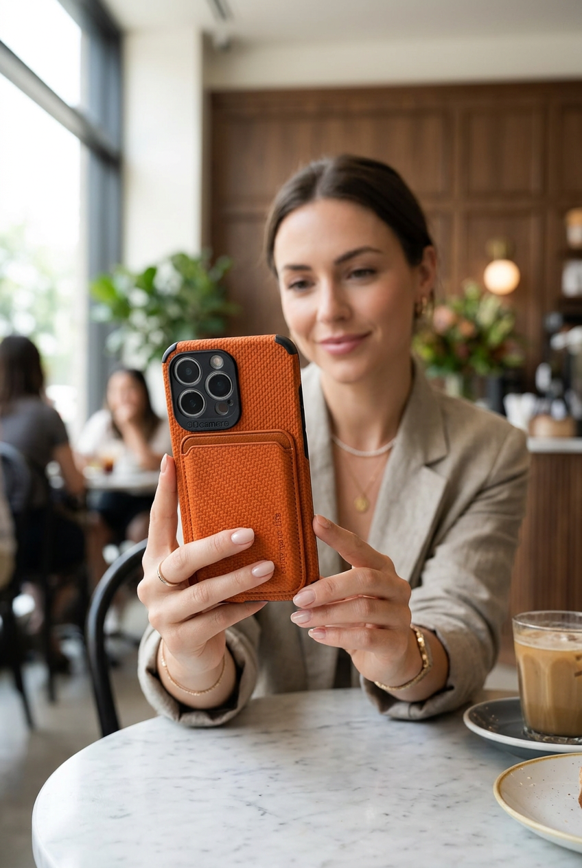 Woman in a café holds up a phone in an orange woven-textured case with card pocket 1