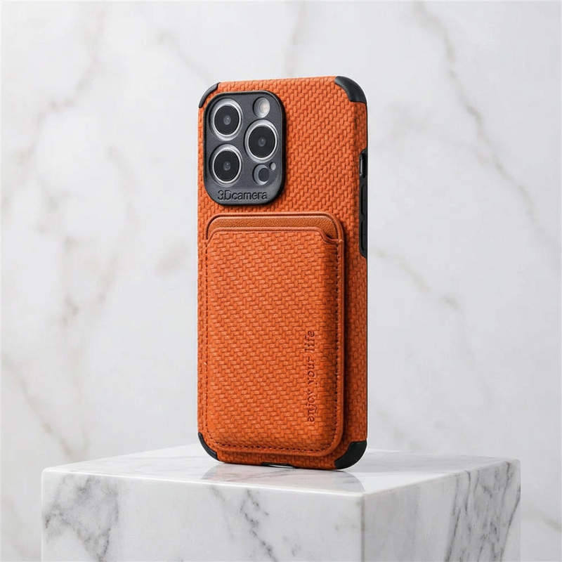 Orange woven-texture case with card holder on a marble block, angled to show the camera cutout 6