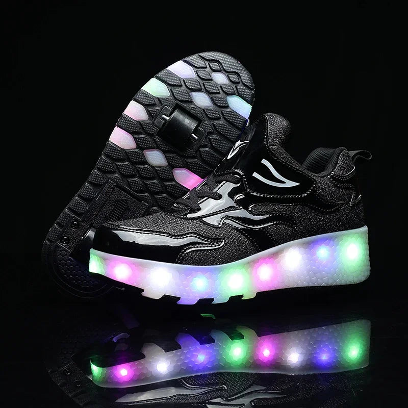 Children's roller skates with LED lights and removable wheels.