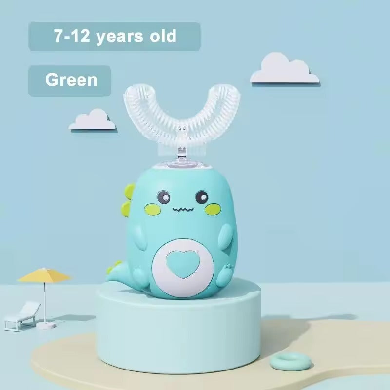 U-shaped children's toothbrush with sonic cleaning and a silicone brush head.