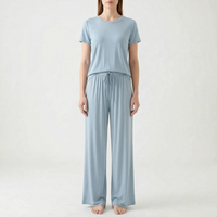 Model standing in the set in light powder blue, with a short-sleeved top and drawstring wide-leg trousers, front view. 12