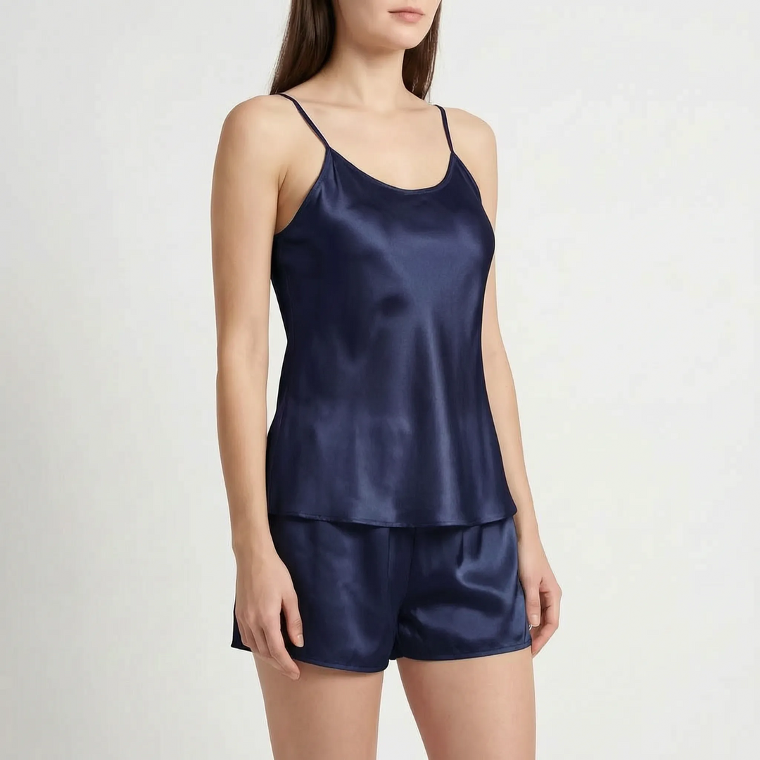 Model in the navy blue satin camisole and shorts set, standing at a slight angle. 8