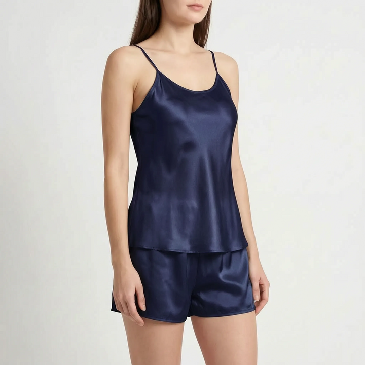 Model in the navy blue satin camisole and shorts set, standing at a slight angle. 8