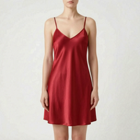 Front view of the same satin slip nightdress in deep red, worn by a model against a light backdrop. 8