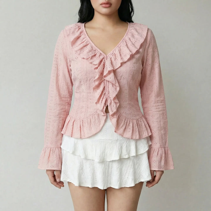 Slim Fit Ruffled Long Sleeve Top - Carmen
