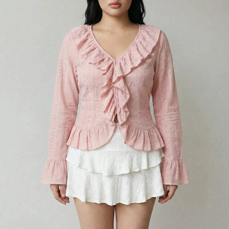 Slim Fit Ruffled Long Sleeve Top - Carmen