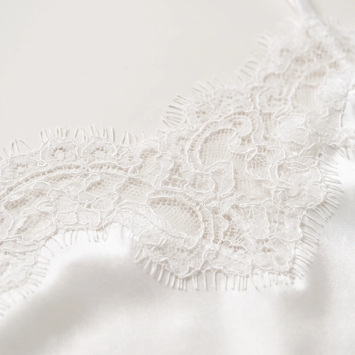 Close-up of delicate white eyelash lace with a floral pattern, stitched onto smooth white satin fabric. 5