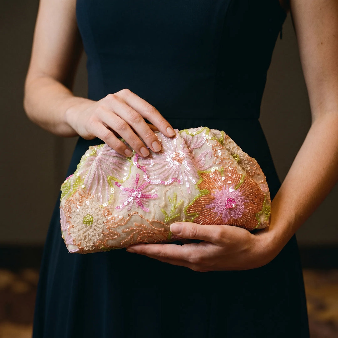 Soft Embroidered Ladies Evening Clutch Bag - Fleuris