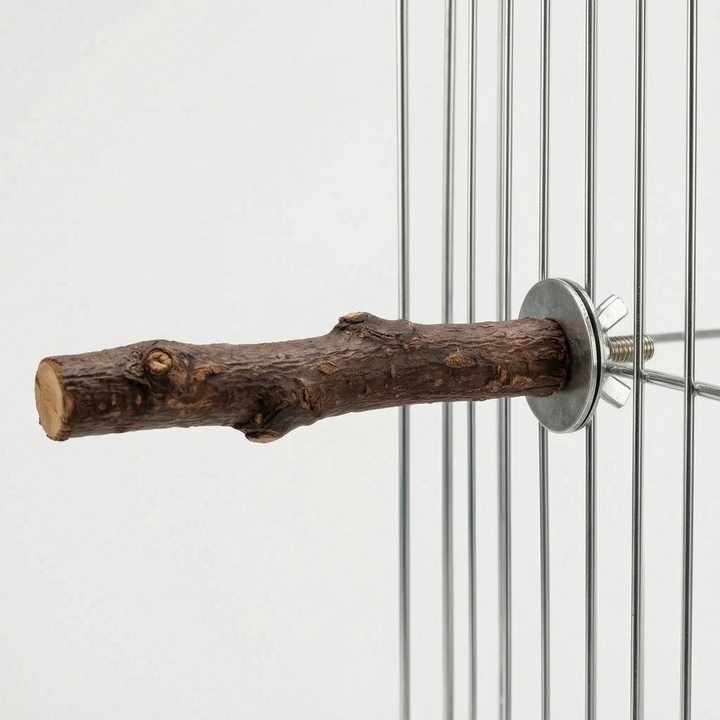 Another side view of the bark perch fixed to cage bars, showing the cut end and the bolt fixing. 5