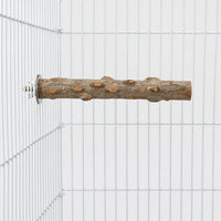 Natural wooden perch with knots, bolted horizontally to the wire of a white cage, seen from the side. 1