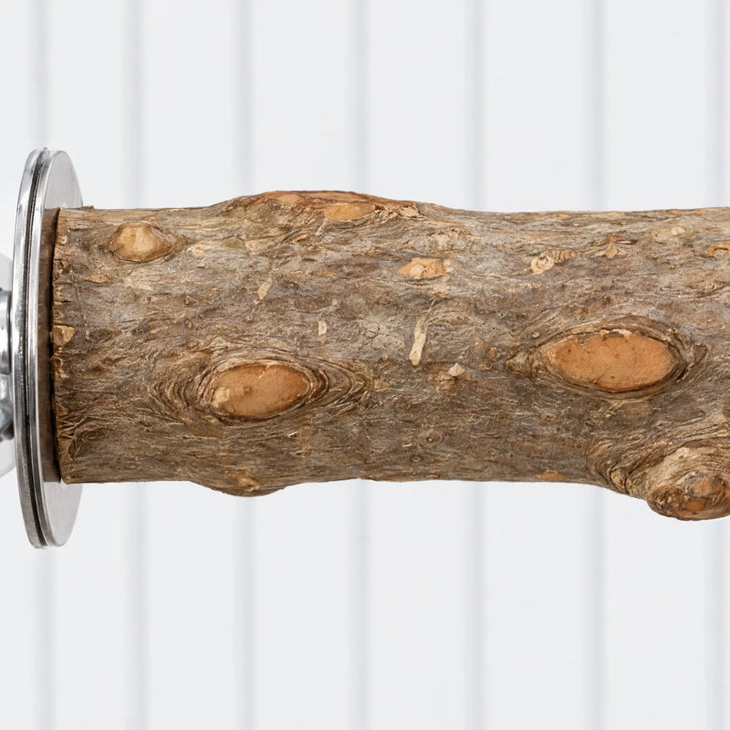 Close-up of the rough, knotty bark texture and the metal washer and fixing at the end of the wooden perch. 3