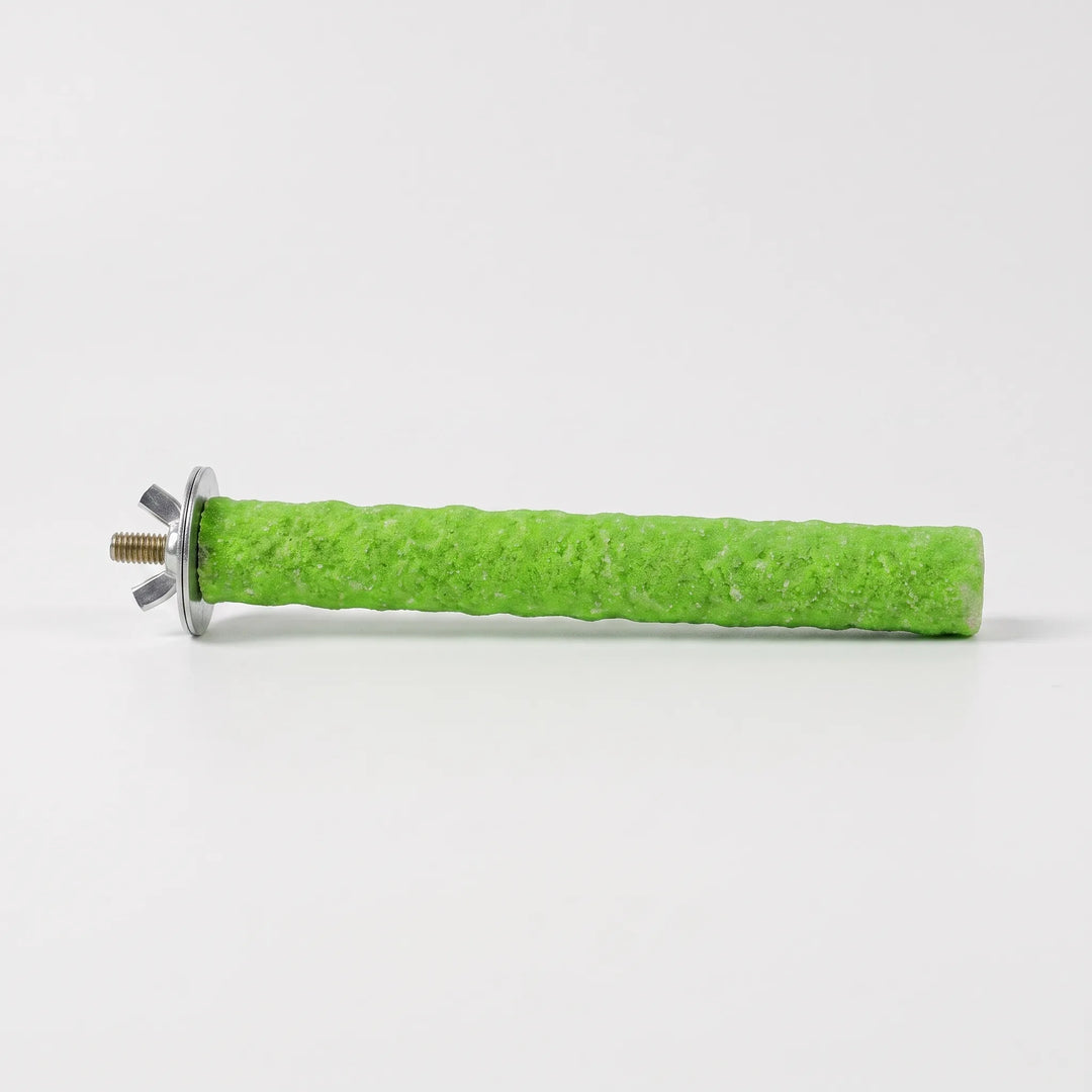 Green gritty-textured perch on a plain white background, shown from the side with its metal washer, wing nut and threaded bolt at one end. 1