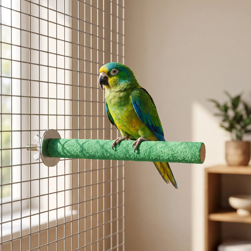 Green and yellow parrot standing on a green rough-surfaced perch fixed to a wire cage panel in a bright room. 2