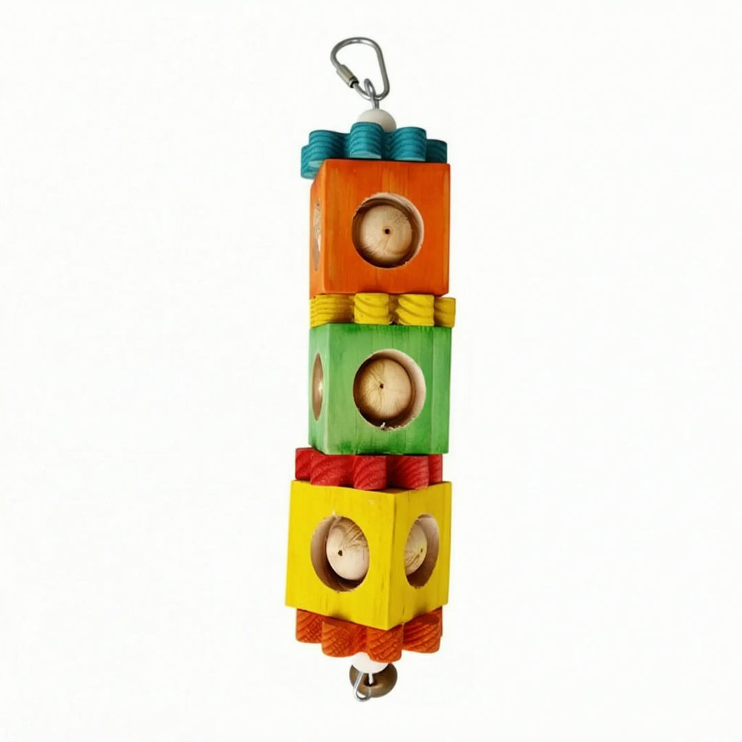 Version of the toy with each wooden block and ridged spacer painted in bright colours, shown on a plain white background. 5