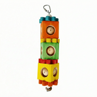Version of the toy with each wooden block and ridged spacer painted in bright colours, shown on a plain white background. 5