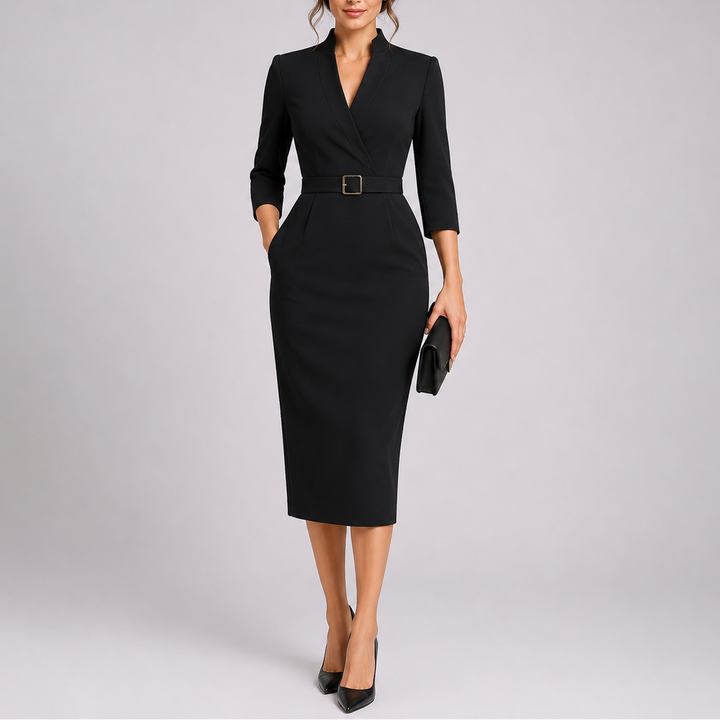 Tailored Long Sleeve Belted Midi Dress - Eileen